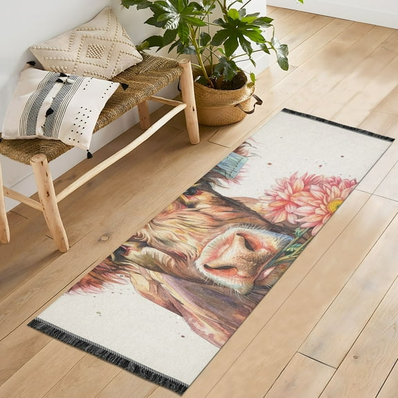 Cow and Flower Runner Rug Machine Washable Area Rugs Carpet Non Slip Entryway Mat for Bedroom Entryway Front Door