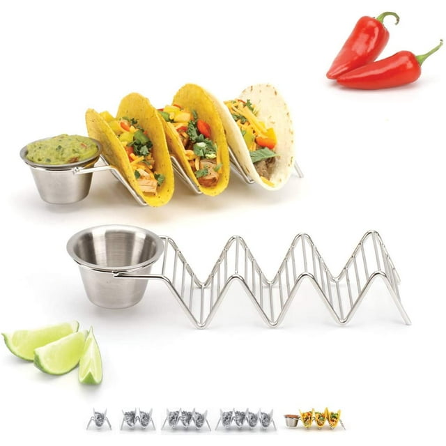 Soporte para tacos con taza de salsa - Acabado cromado - Acero inoxidable 18/8 de primera calidad - Capacidad para 3 tacos duros y blandos - Cinco estilos disponibles - Juego de 2 rejillas de 2lbDepot Ormromra WMZL-754-3
