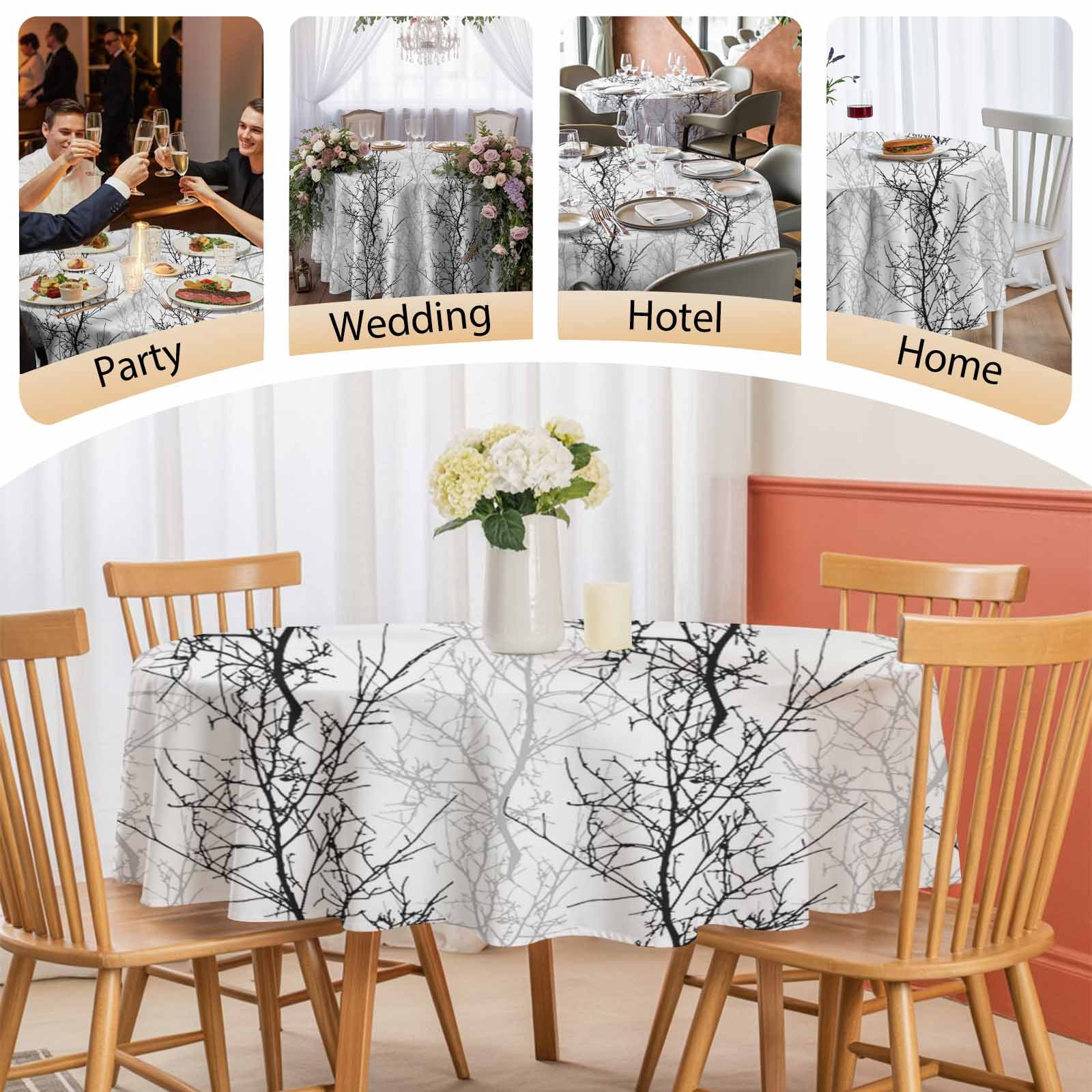 Round Tablecloth Black Grey Minimalist Tree Waterproof Oil Proof Polyester Table Cloth Cover Decor for Home Dining Outdoor,Patio,Parties, 60" Dia. Vintage Branch