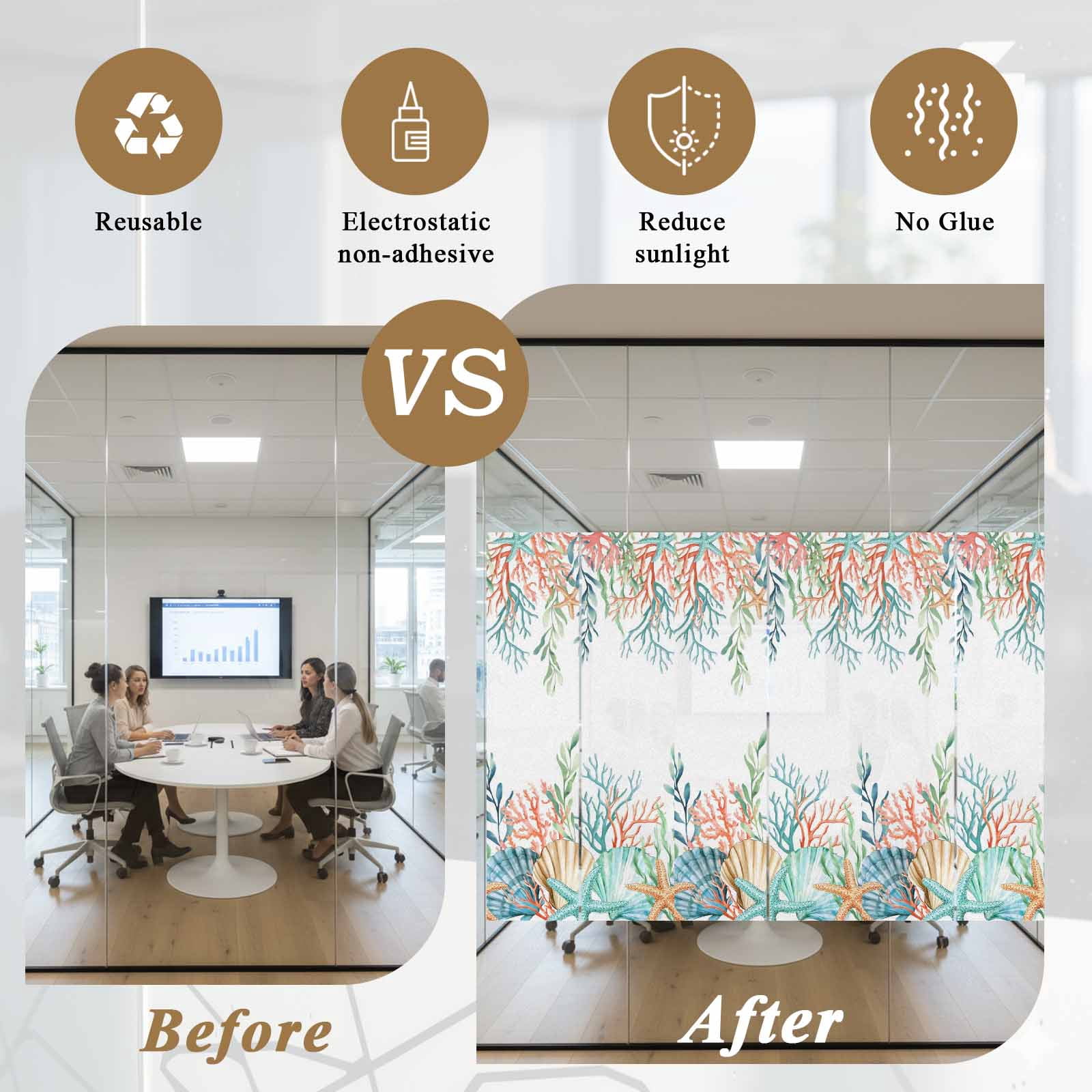 Marine Life Window Privacy Film,Nautical Underwater Coral Shell Starfish Watercolor Static Cling UV Sun Blocking Window Tint Day and Night,Non-Adhesive One Way Privacy Cover 35.4''x78.7''