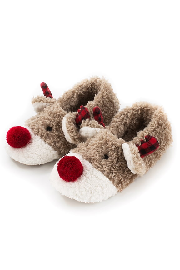 Cute Animal Slipper Socks for Toddler Kids Girls Women, Fuzzy Fluffy Sherpa Lined, Non-Slip Indoor House Shoes, Cozy Birthday Christmas Gifts, Reindeer Big Kid 1-3