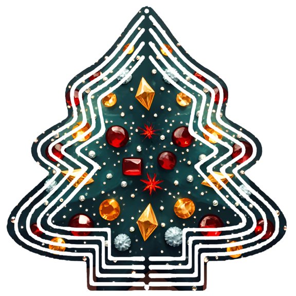 Elegant Metal Hanging Christmas Tree Wind Spinner - Intricate White Line Design with Red & Gold Gemstones for Garden Decor