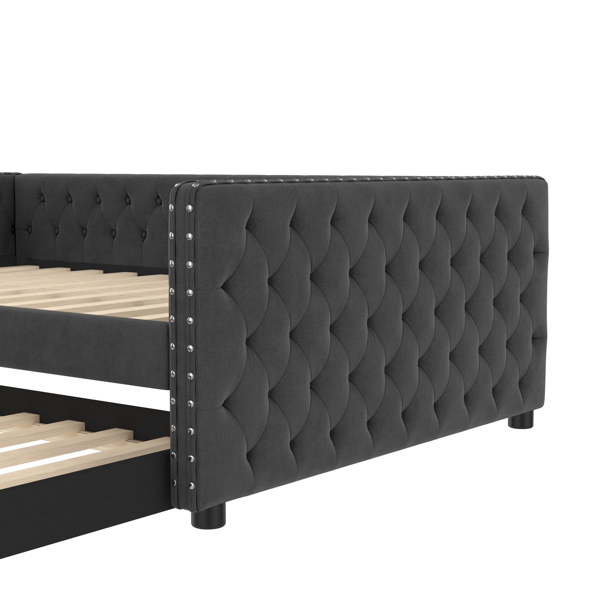 Full Size Upholstered Daybed with Trundle,Tufted Sofa Bed with Button & Copper Nail on Square Arms,Gray