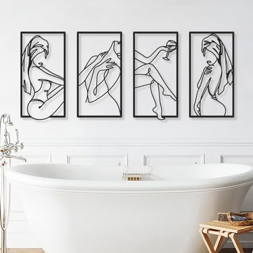 Black Metal Bathroom Wall Art, Minimalist Woman Line Wall Decor, Metal Wall Decor for Bathroom Bedroom Living Room (4 Pcs,17 x 9 in)