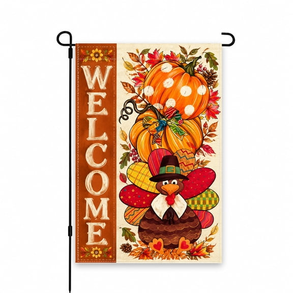 Welcome Fall Thanksgiving Garden Flag 12 x 18 Inch with Turkey, Pumpkins, and Autumn Leaves Design for Outdoor Yard, Lawn, Patio, or Porch Decor