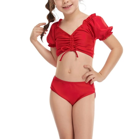 

CHGBMOK Clearance Girls Casual Cute Print Double Ruffle Split Swimsuit Beach Two-Piece Set