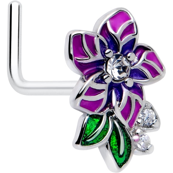 Body Candy 20 Gauge Nose Ring - 316L Stainless Steel L-Shape Nostril Jewelry Flower Purple Nose Stud for Women Men