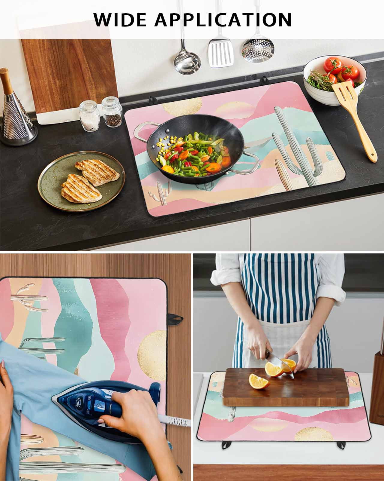 nqOlkjepod Large Induction Cooktop Protector Mat 24"x21", Western Boho Stove Top Covers for Electric Stove, Cactus Pink Green Nature Mountains Stove Burner Cover Mats, Glass Top Stove Cover