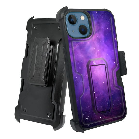 ANJ  Rugged Shockproof Holster Case w/Card Slot, Kickstand   Tempered Glass for iPhone 13 (6.1") - Galaxy Stars (Purple)