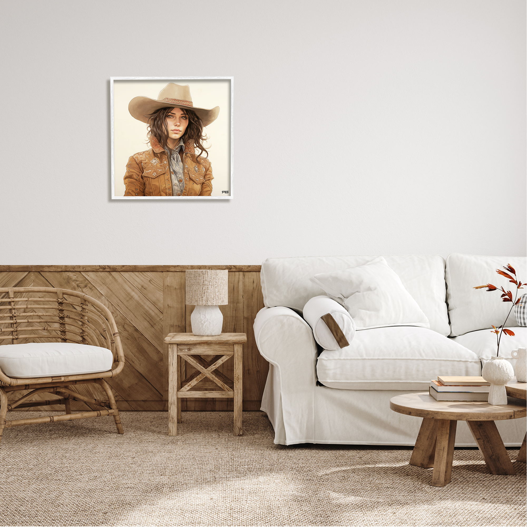 Stupell Industries Boho Cowgirl on Beige Abstract Painting White Framed Art Print Wall Art, 24 x 24