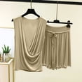thumbnail image 2 of TEAJOPSUU Women's Soft Pajama Set Lightweight Cozy Cotton Blend Pajamas Draped Cowl Neck Sleeveless Top & Drawstring Ruffle Hem Shorts Summer Comfy 2 Piece Loungewear Sleepwear B-Beige, 2 of 5