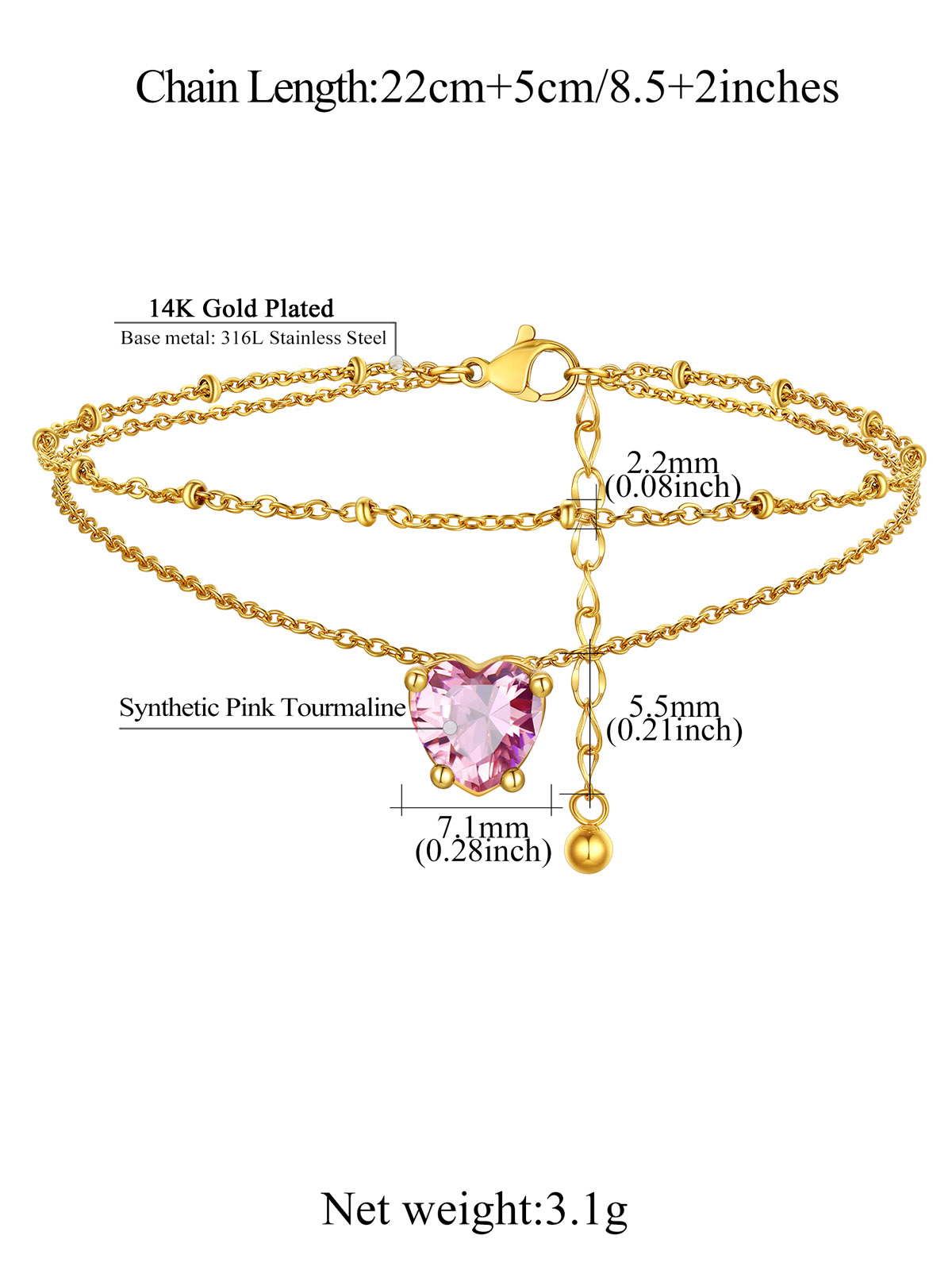 FindChic Heart Birthstone Anklet for Women, Gold Plated photo 4