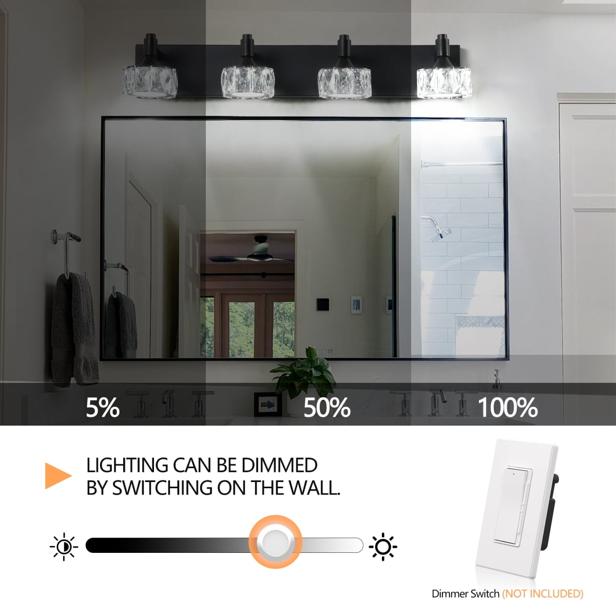 Modern 4-Light Matte Black LED Vanity Light Fixture with Crystal Glass Shades, Bathroom Wall Sconce for Elegant and Contemporary Home Decor On-Site