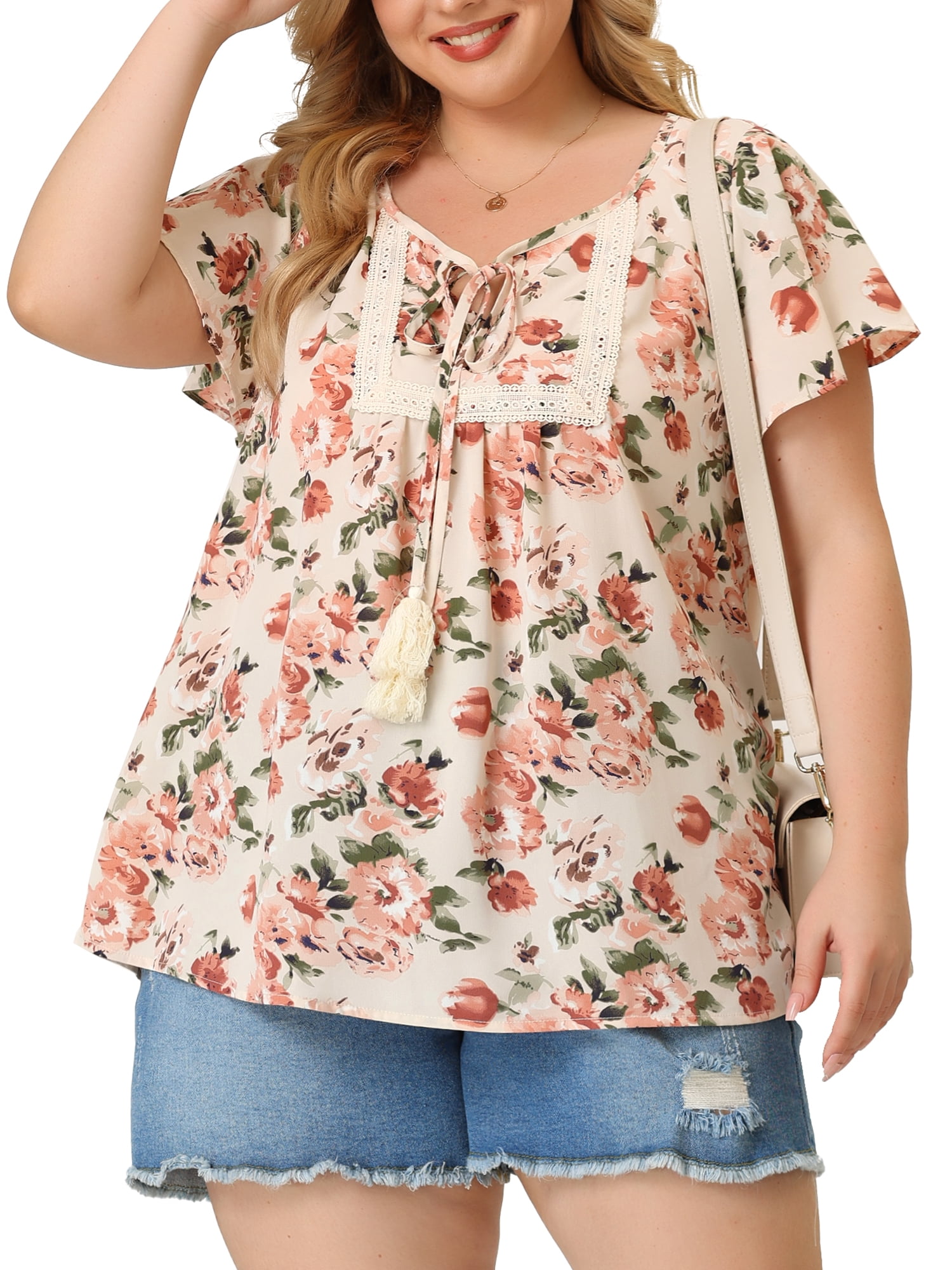 Unique Bargains Women's Plus Size Chiffon Tie-Neck Tassel Flare Sleeve Floral Tops 2X Apricot