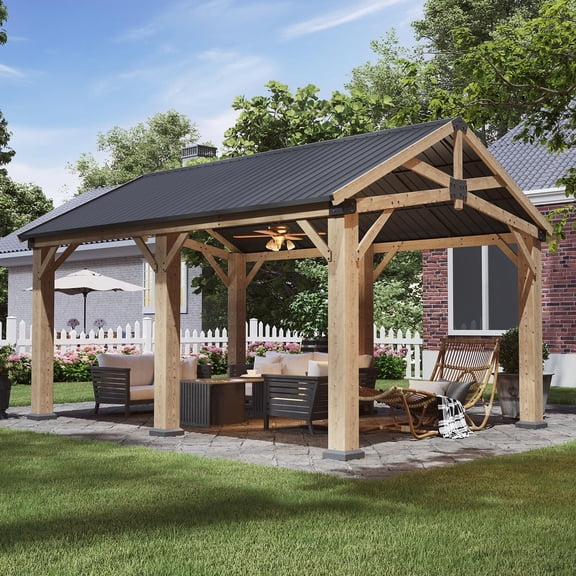 Clouddwell 12' x 16' Outdoor Wood Gazebo, Hardtop Gazebo Permanent Wooden Pavilion with Galvanized Steel Gable Roof, for Patio, Garden, Deck, Cedar Wood