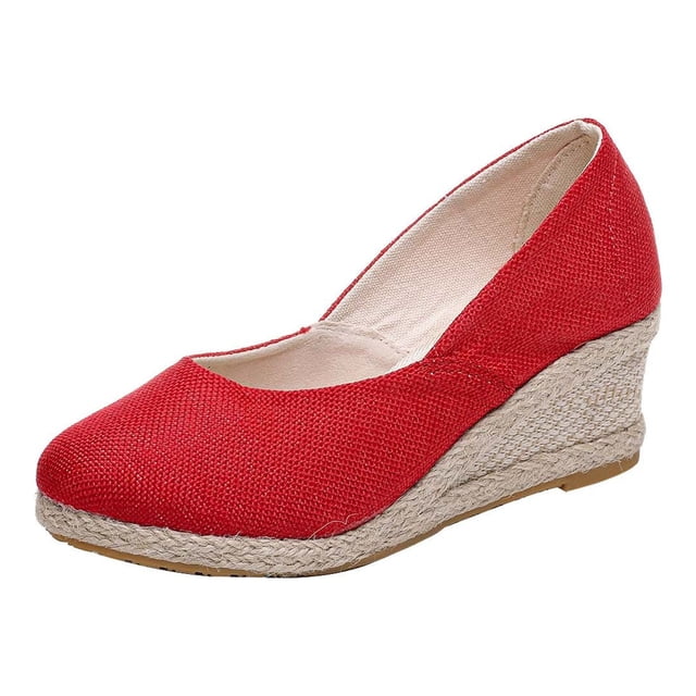 Liquidation d'Économies d'Été! PEZHADA Sandales pour Femmes, Sandales à Semelle Compensée pour Femmes, Chaussures à Talons Hauts Sandales en Lin et Paille Compensées Décontractées en Toile Pantoufles Habillées Rouges