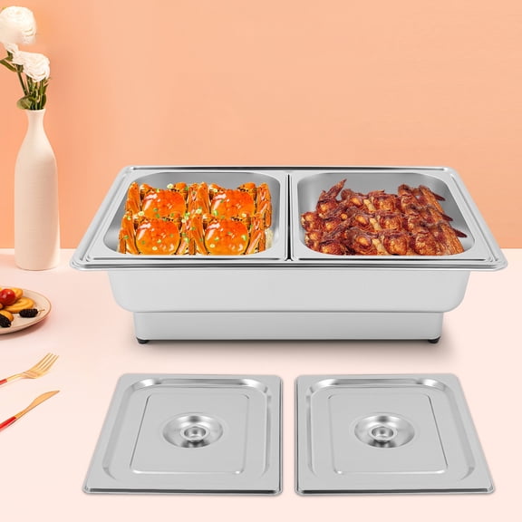 Rectangular Electric Chafing Dish, Buffet Food Warmer, Stainless Steel Chafing Dishes with Adjustable Temperature Control, for Wedding, Party (2 Compartments, 14.26QT)