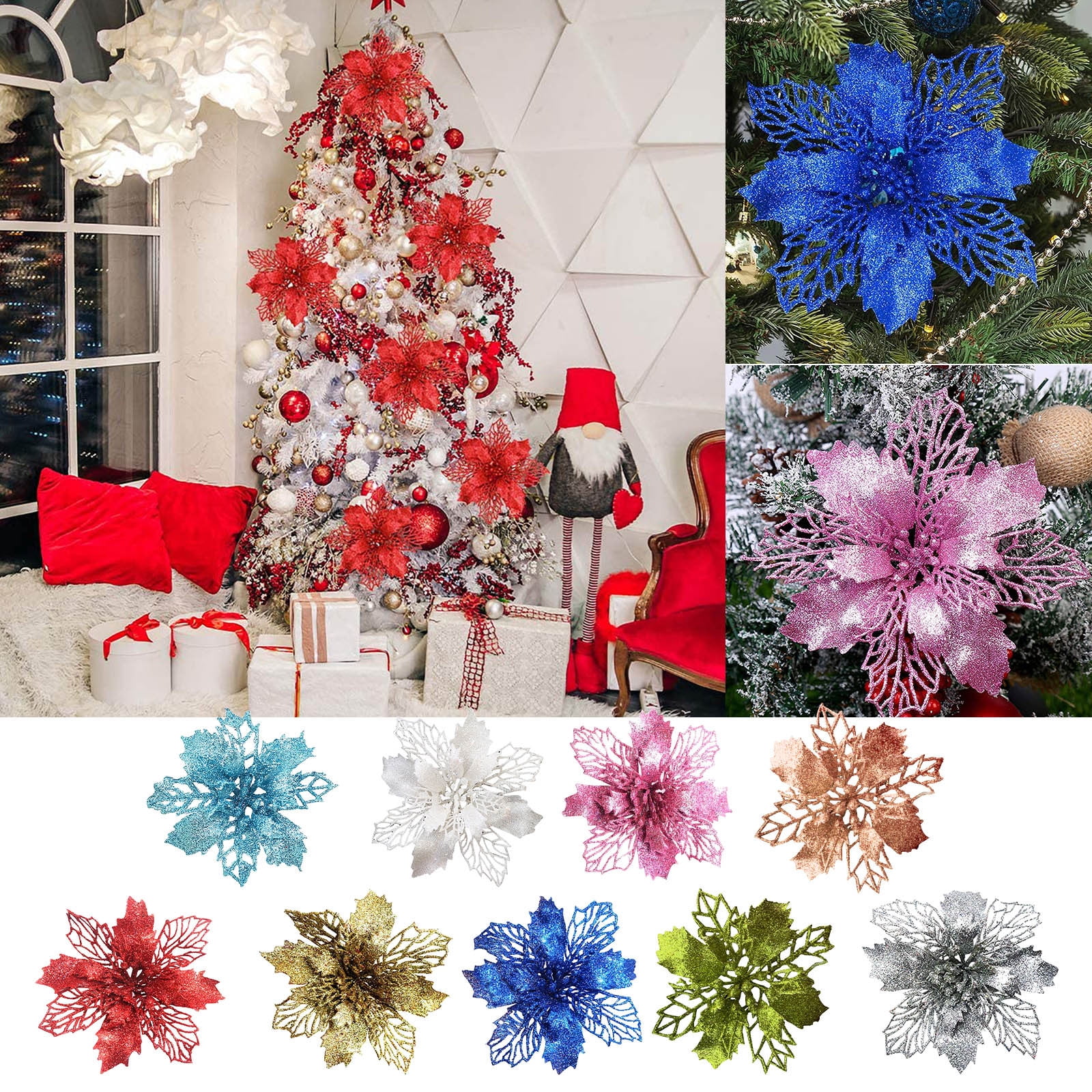 Silver Christmas Glitter Poinsettia Flower Christmas Tree Ornaments Artifical Flowers for Christmas Tree Decoration Wreath Garland-12 Pcs