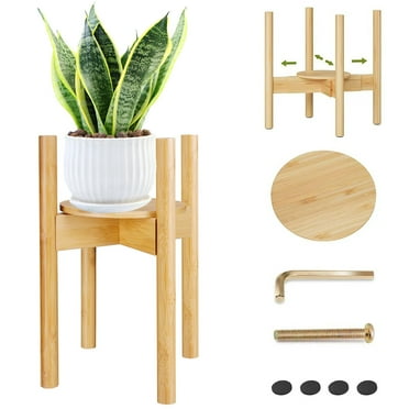 Circles Adjustable Indoor Plant Stand, 15 inch Tall Wooden Plant Holder, Mid Century Modern Wood Stand with Tray, Single Floor Flower Pot Holder for 9-12 inch Width Pots