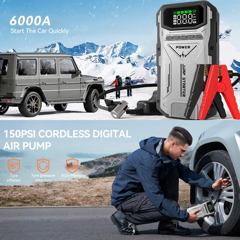 Onherm Starthulp powerbank met compressor, 150 psi, 2000 A, 7-in-1 auto- starthulp, starter powerbank voor maximaal 8 l benzine en 5 l dieselmotor, met noodlicht, USB-C-uitgang en lcd-display