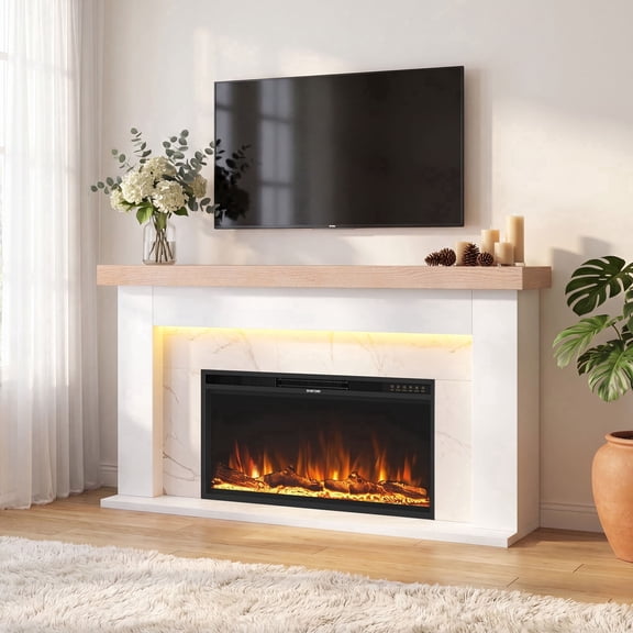 Kincubow 62 inch Electric Fireplace Mantel Set White Faux Stone, 36 inch Insert Heater, 3D Flame Effect, Remote Timer Control