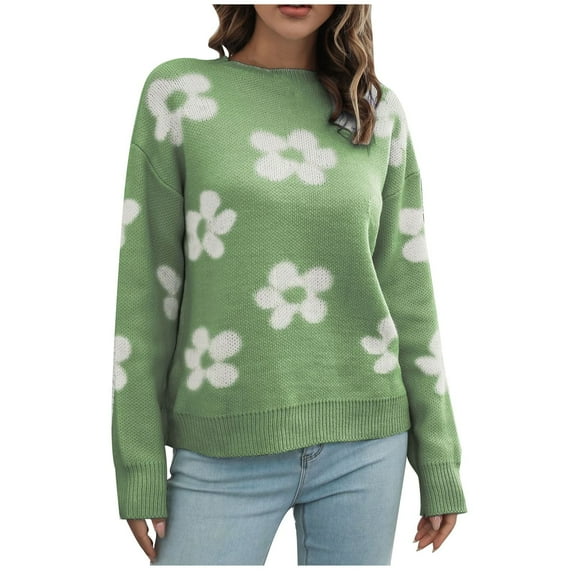 Odeerbi Fall Winter Loose Knit Sweaters For Women Flowers Print Sweater Round Neck 2025 Long Sleeve Blouse Green