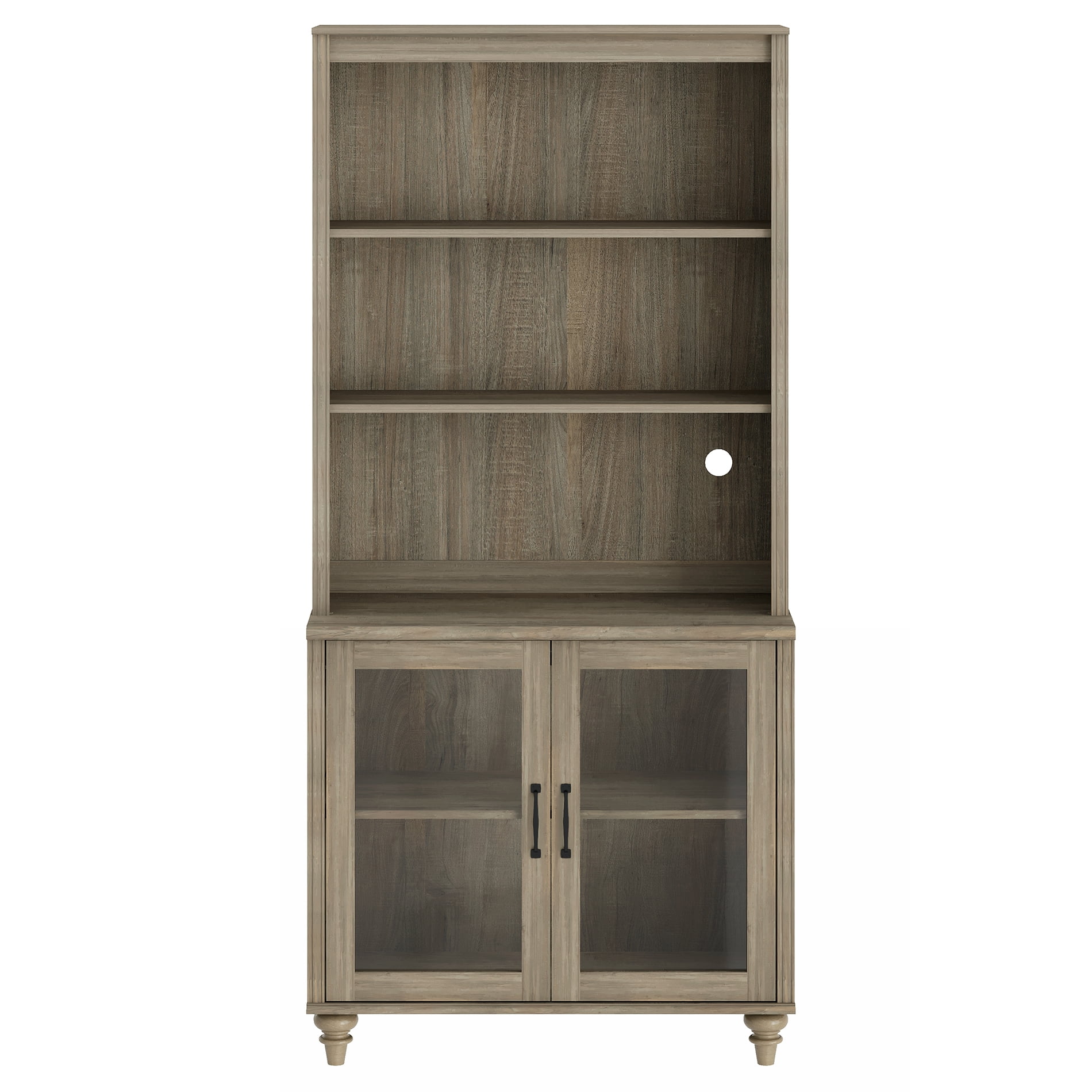 Farmhouse 5 Tier Bookcase With 2 Glass Doors, Wash Gray, 33.9" W