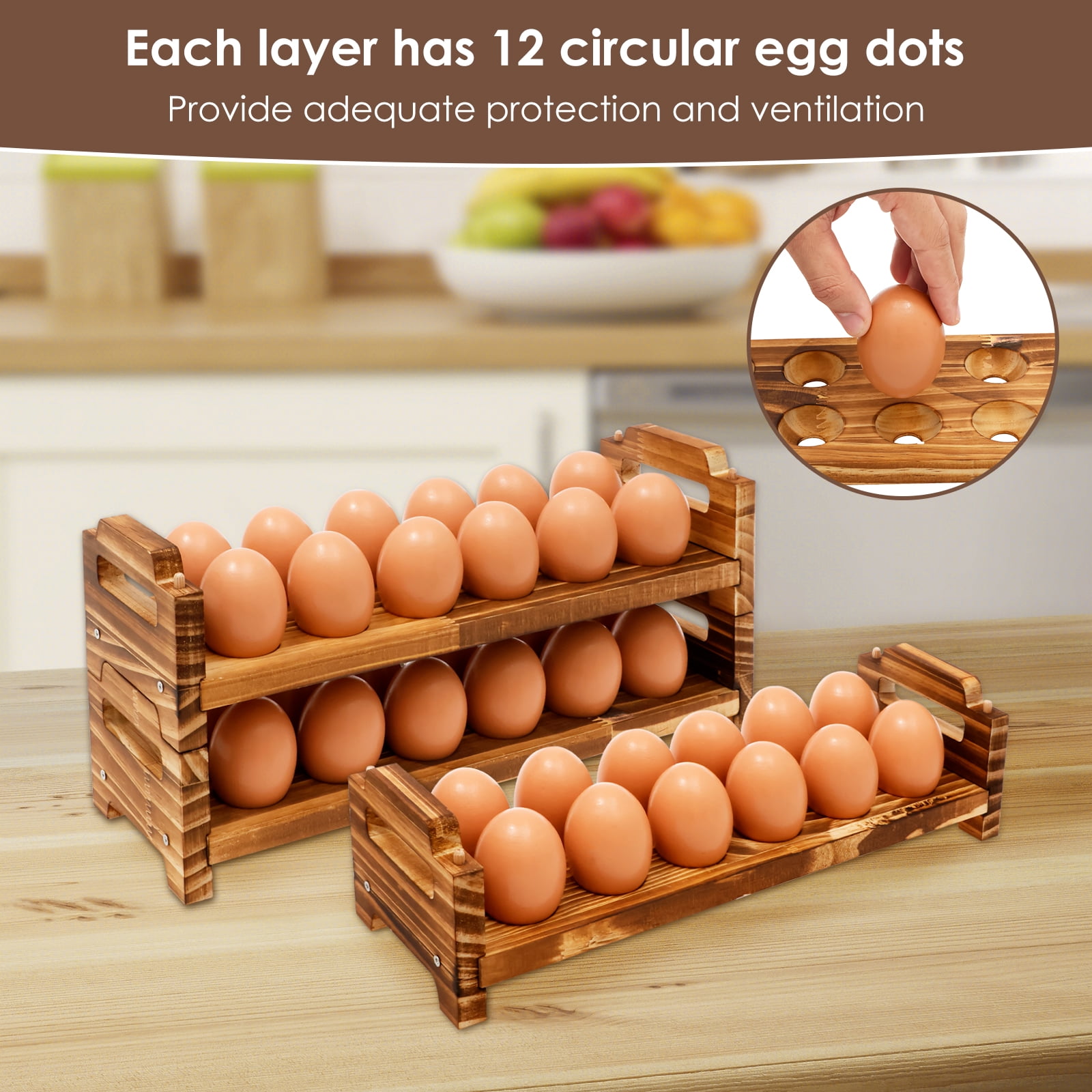 Tcwhniev Wooden Egg Holder 3 Tier Solid Stackable Eggs Collecting Rack Holding Up to 36 Fresh Egg for Kitchen Countertop Cabinet Fridge