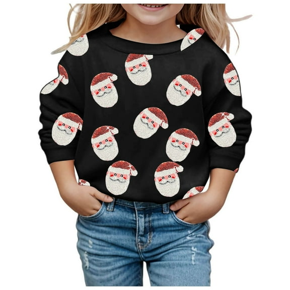 SonxaHe Toddler Girls Sweatshirt Christmas Santa Print Long Sleeved Top Kids Xmas Holiday Party Loose Fall Winter Sweatshirts Black,Sized 3-4