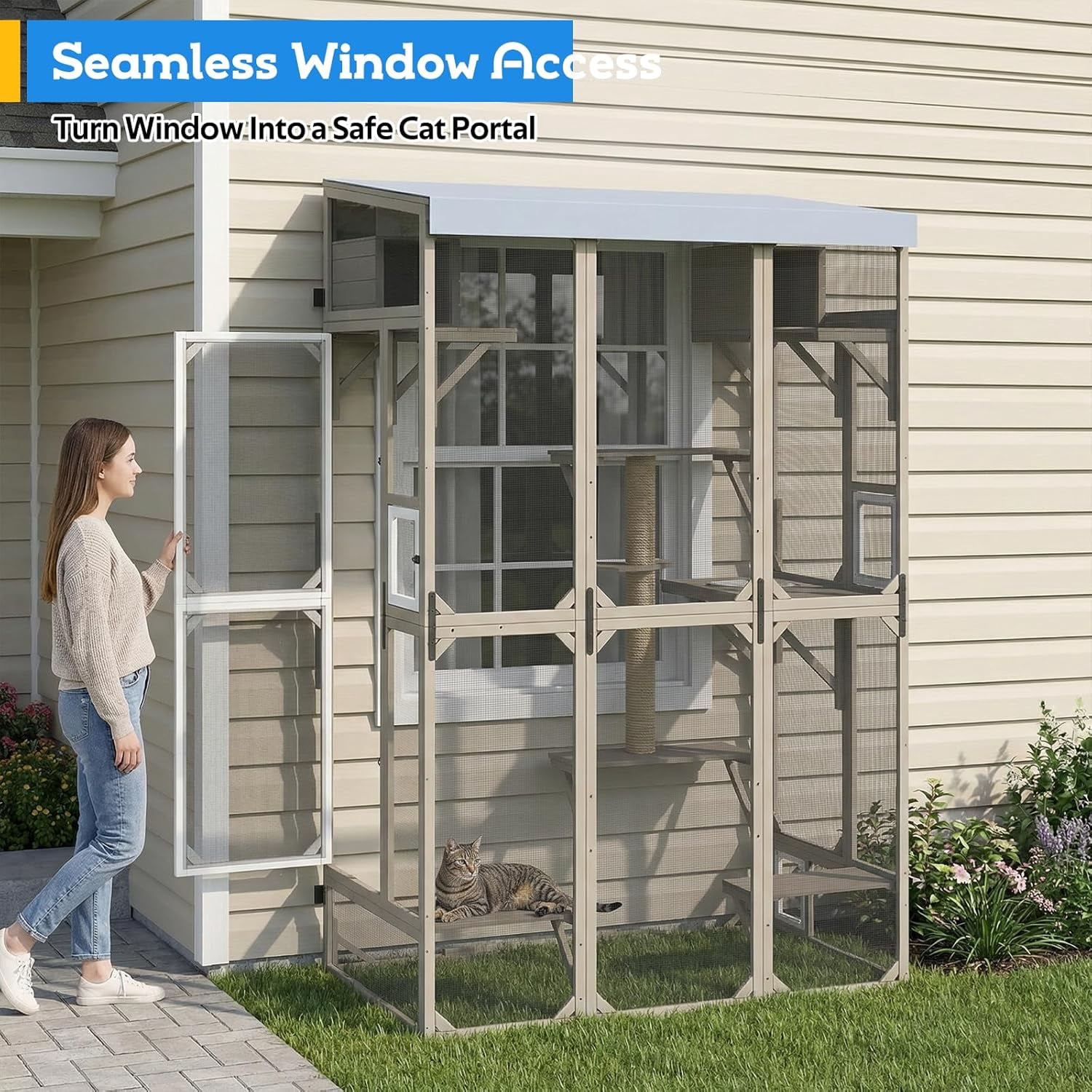 99.5" Extra-Tall Outdoor Cat Enclosure, Window-Attached Catio with 8 Platforms & Bug-Proof Mesh, Large Wooden Cat House, Grey
