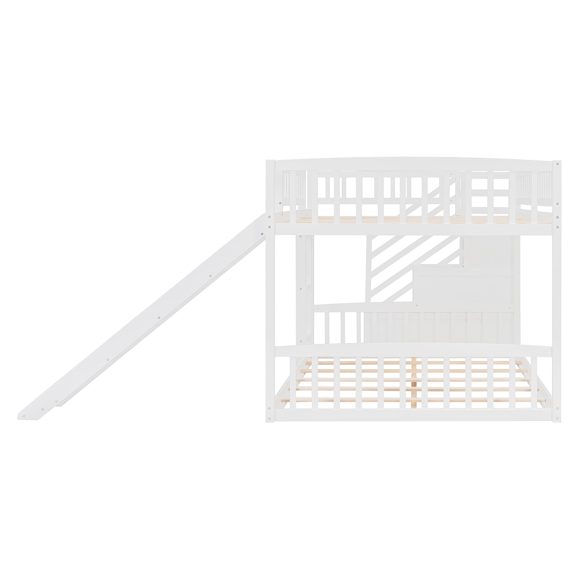 Mintazer Full Over Full Bunk Bed with Storage Staircase & Convertible Slide, Kids Bunk Bed Frame with Guardrails & Ladder, No Box Spring Needed, White