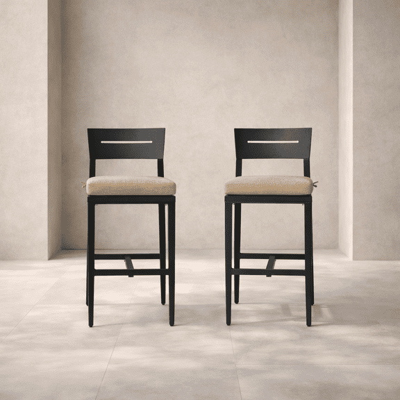 GOMYHOME Outdoor Aluminum Bar Stools Set of 2, Sunbrella Cushion, Black Frame