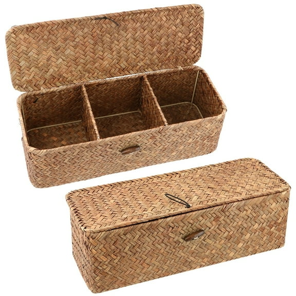 Seagrass Baskets with Lid, Woven Wicker Baskets, Rustic Home Storage Organizer Container, Household Handwoven Basket for Bedroom, Living Room, Wardrobe, 2 Pcs