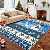 Christmas Area Rug 8' x 10', Xmas Snowflake Rug for Living Room, Washable Carpet with Non Slip Rubber Backing, Low Pile Non Shedding Printed Mat, Floor Covering for Bedroom, Blue