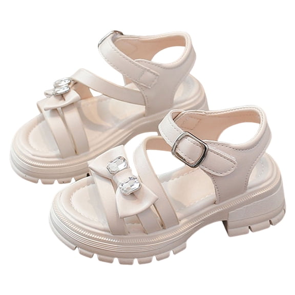 Platform Sandals for Girl Fashion Lug Sole Low Heeled Open Toe Sweet Bow with Rhinestone Kids Summer Dress Shoes Beige 11 Little Kid