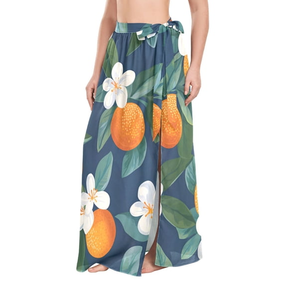 FORMRS Womens Long Sarong Beach Wrap Semi-Sheer Bikini Skirt Bathing Swimsuit Cover Up, Orange Fruit
