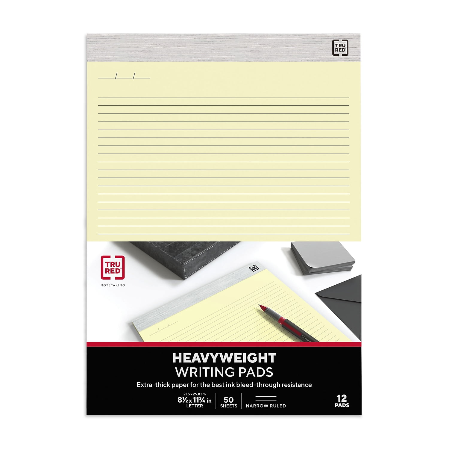Staples TRU RED Notepads 8.5" x 11.75" Narrow Ruled Canary 50 Sheets/Pad 24/Carton TR59927/TR573VS