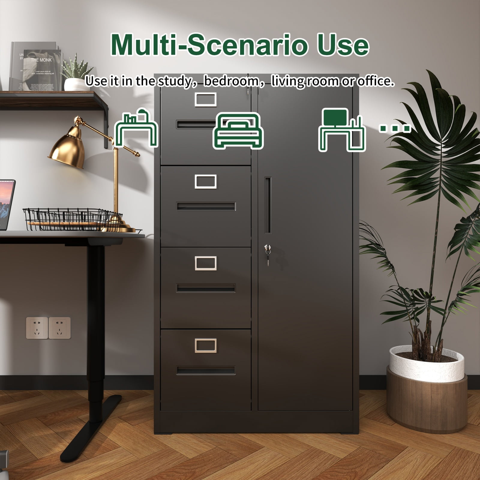 Metal Storage Vertical Filing Cabinet with Lock, Steel File Locker with 4 Drawers and 1 door for School, Living Room, Bedroom, Office
