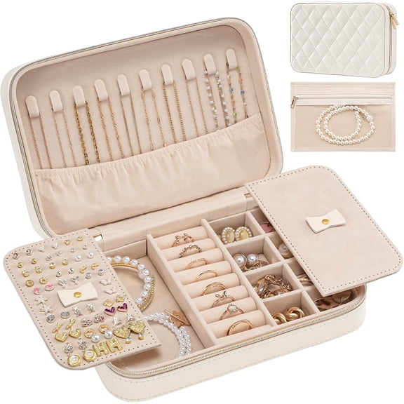 Lolalet Small Travel Jewelry Case for Women Girls with Mirror & Jewelry Organizer Box Clear Storage Bag -White