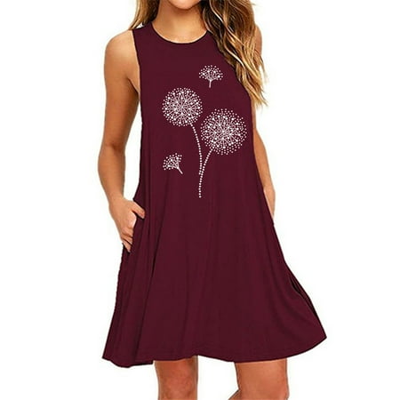 

MPWEGNP Fashion Womens Pocket Dandelions Printing Sleeveless Casual Nightdress Dresses