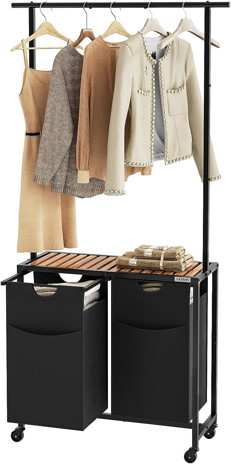 YIGOU Laundry Sorter with Hanging Bar, Laundry Hamper with Hanging Rack