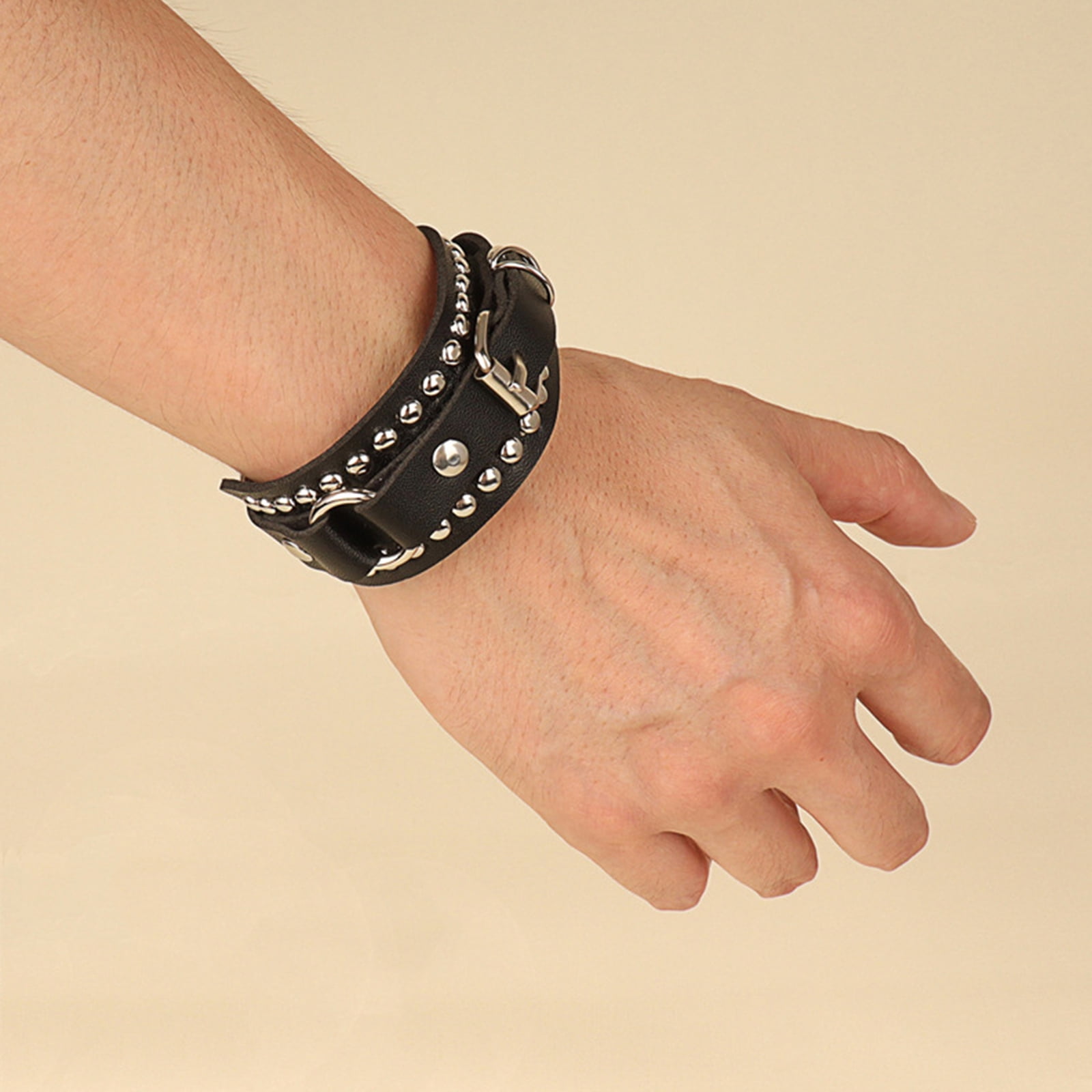 JNANEEI Punk Studded Bracelet, Black Leather Rivets, Adjustable