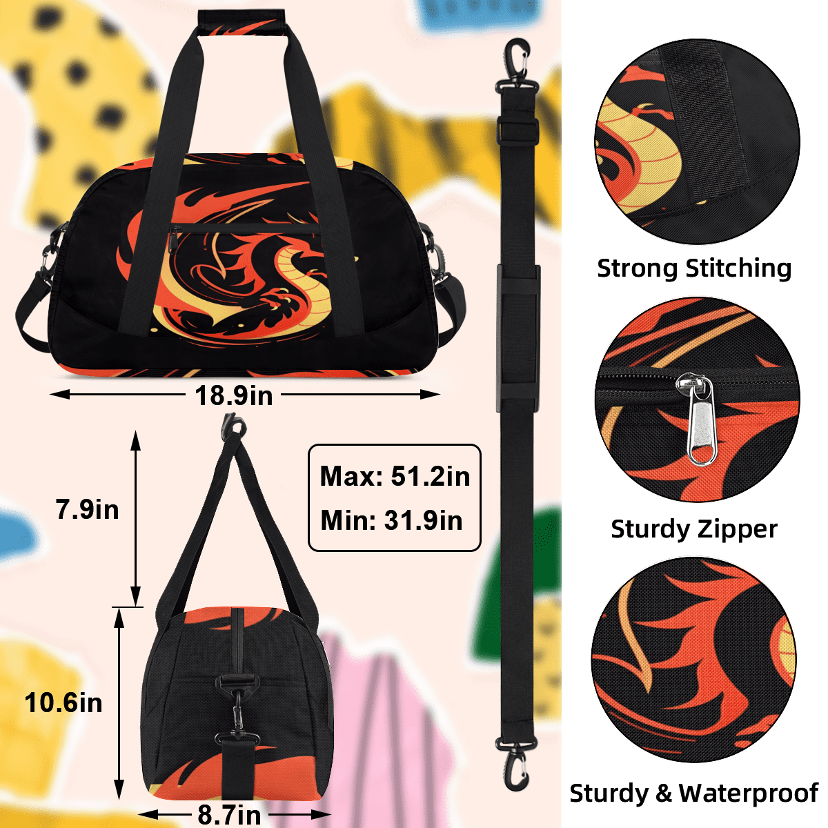 Herdesigns Dragon Sports Duffle Bag for Women & Men, Funny Gym Bag Dance Bag Overnight Bag Carry On Weekender Travel Bag