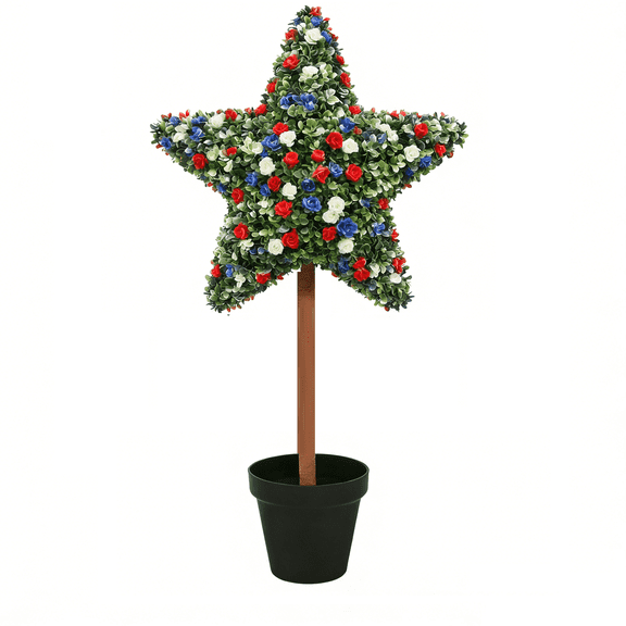 Artificial 4th of July Star-Shaped Topiary Tree UV-Resistant Faux Boxwood Red White Blue Flower Topiary Plant for Porch Decor, 4th of July Decorations