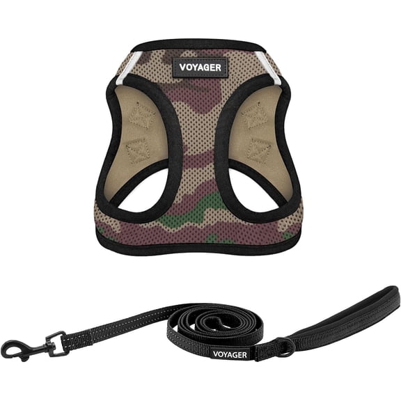Voyager Step-in Air All Weather Mesh Harness and Reflective Dog 5 ft Leash Combo with Neoprene Handle, for Small, Medium and Large Breed Puppies - Army/Black Trim, X-Small