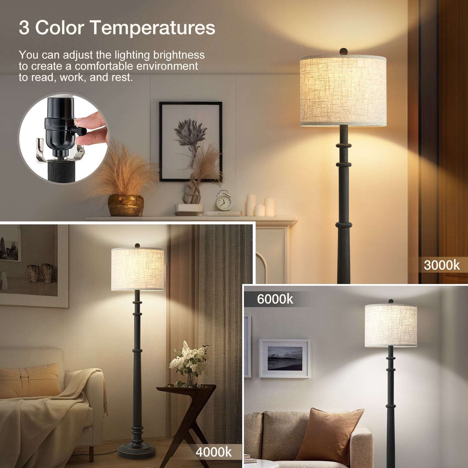 Natyswan 59.6" Vintage Farmhouse Floor Lamp with Linen Shade photo 4