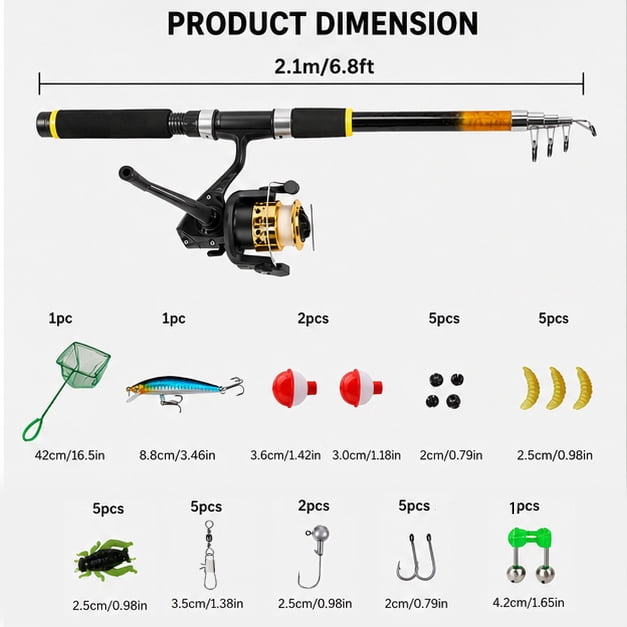 Fishing Rod and Reel Combos Set, 2.1m/6.8ft Rod with Bait & Hook & Landing Net, All in One Set for First-Time Fisherman , for River Lake Small Fish