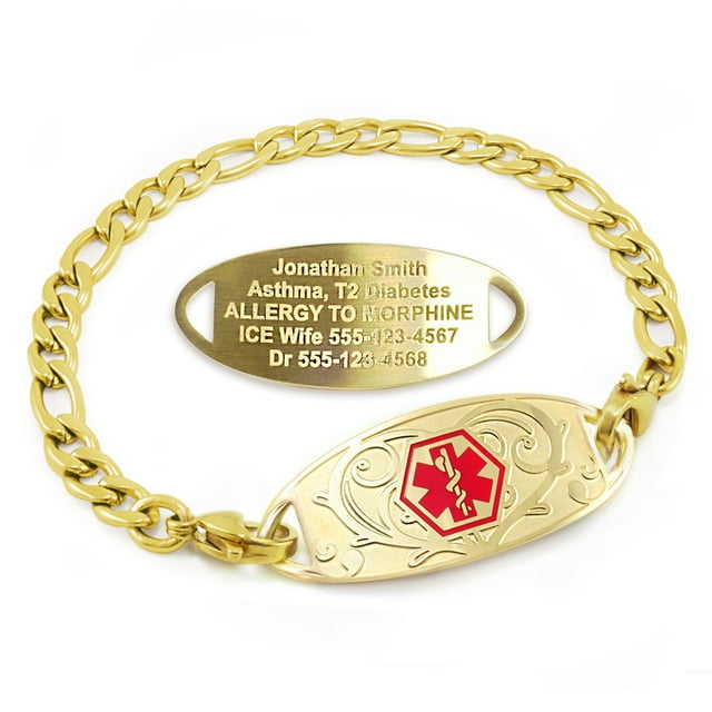 MedicEngraved Yellow Gold Stainless Steel Custom Medical Alert Bracelet - 5mm Figaro Link