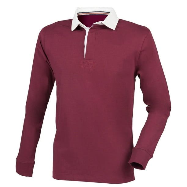 Front Row - Polo de manga larga con cuello blanco Modelo Rugby Premium hombre caballero (Vino)