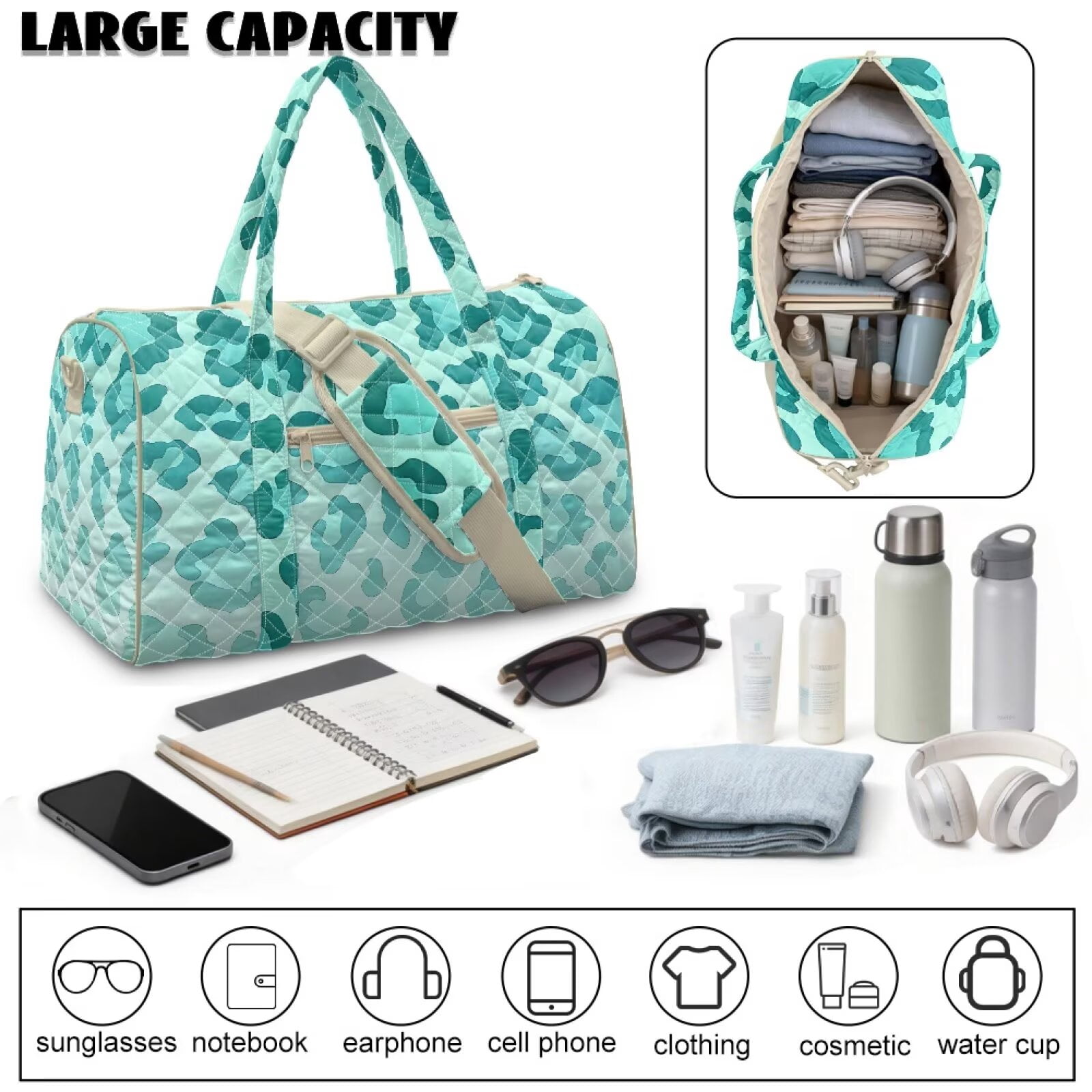 Xixirimido Travel Duffle Bags Quilted Weekender Overnight Bags for Women Men Hospital Bag for Women Labor Delivery Multi-pocket, Teal Leopard